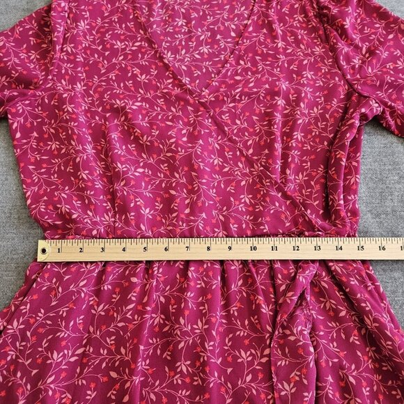 Old Navy Faux Wrap Dress Women L Wine LS Midi Lined Ruffles Dainty Floral Boho - Picture 5 of 16